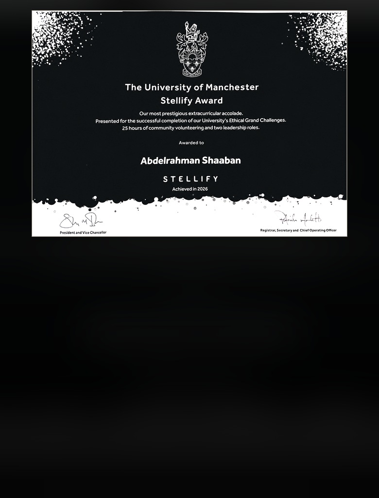 The University of Manchester Stellify Award certificate, awarded to Abdelrahman Shaaban in 2026